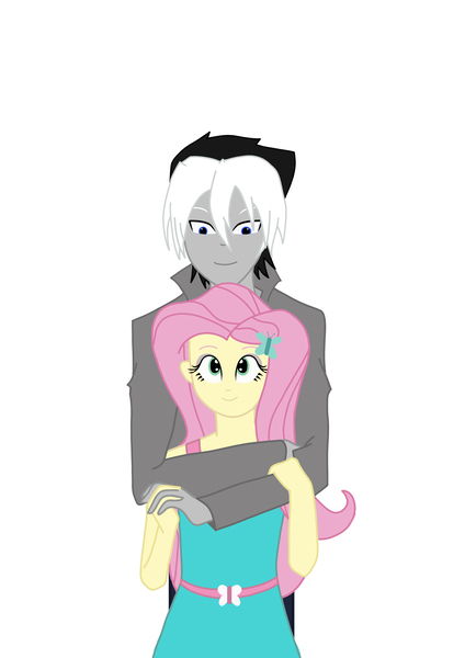 Size: 2480x3508 | Tagged: safe, artist:darkland_production, derpibooru import, fluttershy, oc, oc:cedric clawford, equestria girls, canon x oc, holding hands, hug, image, jpeg, looking at each other, two toned hair