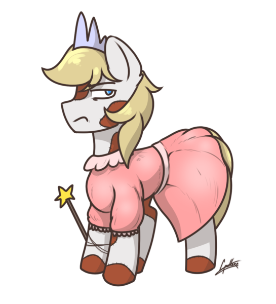 Size: 1000x1100 | Tagged: safe, artist:chebypattern, derpibooru import, oc, oc:warhawk, unofficial characters only, hybrid, original species, plush pony, pony, annoyed, crossdressing, image, magic wand, patreon, patreon reward, plushie, plushie pony, png, princess outfit, seams, simple background, solo, transparent background