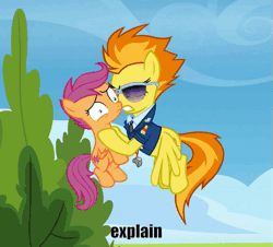 Size: 513x463 | Tagged: safe, derpibooru import, edit, edited screencap, screencap, scootaloo, spitfire, pegasus, pony, the washouts (episode), abuse, animated, basically i'm very smol, bitchfire, clothes, cropped, duo, female, filly, flying, foal, gif, holding a pony, image, loop, mare, scootabuse, shaking, shrunken pupils, size difference, sunglasses, text edit, uniform, wonderbolts dress uniform