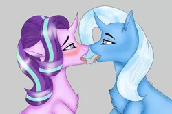 Size: 1500x1000 | Tagged: suggestive, artist:toptian, derpibooru import, starlight glimmer, trixie, pony, unicorn, blushing, bust, chest fluff, drool, female, gray background, image, kissing, lesbian, mare, png, shipping, simple background, startrix, tongue out