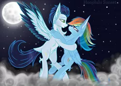 Size: 1510x1080 | Tagged: safe, artist:honolulusunset, derpibooru import, rainbow dash, soarin', chest fluff, cloud, embrace, female, flying, image, jpeg, leg fluff, male, moon, night, old cutie mark, shipping, sky, soarindash, stars, straight, tail feathers, two toned wings, wings