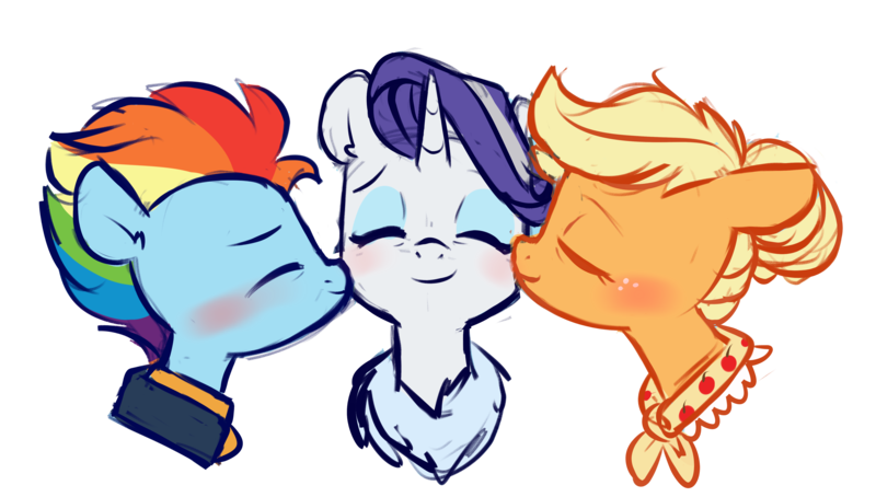 Size: 5224x2965 | Tagged: safe, artist:chub-wub, derpibooru import, applejack, rainbow dash, rarity, earth pony, pegasus, pony, unicorn, alternate hairstyle, appledash, blushing, clothes, coat, eyes closed, eyeshadow, female, freckles, image, jacket, kiss on the cheek, kiss sandwich, kissing, lesbian, makeup, mare, older, older applejack, older rainbow dash, older rarity, png, polyamory, raridash, rarijack, rarijackdash, shipping, simple background, transparent background