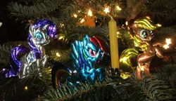 Size: 1024x588 | Tagged: safe, artist:malte279, derpibooru import, applejack, rainbow dash, rarity, christmas, christmas lights, christmas tree, craft, hearth's warming eve, holiday, image, jpeg, metal foil, relief, tree