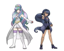 Size: 2500x2000 | Tagged: safe, artist:kianamai, derpibooru import, princess celestia, princess luna, human, crossover, duo, hilarious in hindsight, humanized, image, jpeg, nintendo, pokéball, pokémon, pokémon trainer, simple background, style emulation