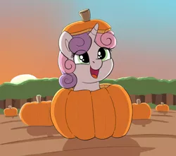 Size: 1124x994 | Tagged: safe, artist:heretichesh, derpibooru import, sweetie belle, pony, unicorn, autumn, bush, cute, daaaaaaaaaaaw, diasweetes, eye clipping through hair, female, field, filly, forest, happy, hnnng, image, open mouth, png, ponies in food, pumpkin, pumpkin patch, smiling, smoltober, solo, sunset, tree, weapons-grade cute