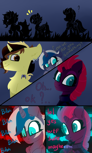 Size: 1500x2500 | Tagged: safe, artist:silvexxx01, derpibooru import, fizzlepop berrytwist, tempest shadow, oc, oc:elizabat stormfeather, oc:trail blazer (ice1517), alicorn, bat pony, bat pony alicorn, pony, unicorn, alicorn oc, armor, bat pony oc, bat wings, bisexual, bodysuit, broken horn, canon x oc, chest fluff, clothes, comic, drink, ear fluff, ear piercing, earring, elizablazer, elizablazershadow, eye scar, eyebrow piercing, female, glass, grass, hoof shoes, horn, image, jewelry, lesbian, lip piercing, male, mare, milkshake, multicolored hair, oc x oc, piercing, png, polyamory, raised hoof, raised leg, scar, shipping, stallion, stormshadow, straight, straw, sweat, sweatdrop, sweatdrops, tattoo, walking, wings