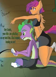 Size: 520x720 | Tagged: suggestive, artist:techgear, derpibooru import, scootaloo, spike, anthro, dragon, pegasus, attempt to seduce, breasts, delicious flat chest, fail, female, image, male, oblivious, oblivious spike, png, scootaflat, scootaspike, shipping, small breasts, straight