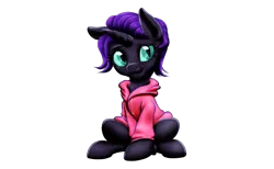 Size: 2575x1591 | Tagged: safe, artist:vasillium, derpibooru import, oc, oc:nyx, unofficial characters only, alicorn, pony, alicorn oc, clothes, cute, eyebrows, eyelashes, female, filly, hoodie, horn, image, jacket, lidded eyes, nostrils, nyxabetes, png, princess, royalty, simple background, sitting, smiling, solo, transparent background, wings
