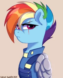 Size: 1269x1575 | Tagged: safe, artist:cottonsweets, derpibooru import, rainbow dash, pegasus, pony, alternate timeline, amputee, apocalypse dash, armor, artificial wings, augmented, badass, bust, chest fluff, crystal war timeline, ear fluff, eye scar, female, image, looking at you, mare, png, prosthetic limb, prosthetic wing, prosthetics, scar, simple background, solo, torn ear, wings