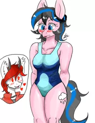 Size: 1400x1800 | Tagged: suggestive, artist:zachc, derpibooru import, oc, unofficial characters only, anthro, breasts, clothes, cutie mark, embarrassed, eyes on the prize, female, heart, horns, image, one-piece swimsuit, png, swimsuit