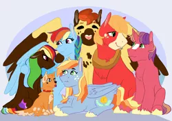 Size: 2912x2059 | Tagged: safe, artist:lunacat2001, derpibooru import, big macintosh, rainbow dash, oc, oc:berry sorbe, oc:party popper, oc:silly billy, oc:sweet bloom, dog, earth pony, pegasus, pony, unicorn, family, female, image, male, offspring, parent:big macintosh, parent:rainbow dash, parents:rainbowmac, pet oc, png, rainbowmac, shipping, straight