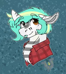 Size: 1479x1666 | Tagged: safe, artist:rokosmith26, derpibooru import, oc, oc:rokosmith, unofficial characters only, pegasus, pony, bust, clothes, female, flannel, floppy ears, heterochromia, image, looking up, mare, markings, png, shirt, simple background, smiling, solo, tongue out