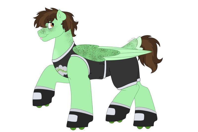 Size: 1280x854 | Tagged: safe, artist:itstechtock, derpibooru import, oc, oc:mint fudge, pegasus, pony, clothes, image, jpeg, male, roller skates, simple background, solo, stallion, tongue out, transparent background