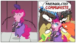 Size: 1340x760 | Tagged: safe, artist:knightoftheraven, derpibooru import, apple fritter, chief thunderhooves, jonagold, marmalade jalapeno popette, pinkie pie, sheriff silverstar, buffalo, earth pony, pony, 2 panel comic, angry, apple family member, bulging eyes, clothes, colored, comic, communism, dancing, drama bait, dress, female, flat colors, french, glare, image, long neck, male, mare, op is a duck, op is trying to start shit, png, saloon dress, saloon pinkie, scrunchy face, show accurate, singing, speech bubble, stallion, you gotta share