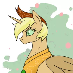 Size: 900x900 | Tagged: safe, artist:pony quarantine, derpibooru import, applejack, oc, oc:hyx, oc:sod buster, unofficial characters only, alicorn, pony, alicornified, derpibooru exclusive, image, jewelry, nightmare applejack, nightmarified, png, race swap, regalia, response, simple background, solo, white background