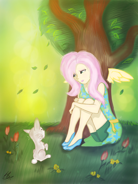 Size: 768x1024 | Tagged: safe, artist:catcor, derpibooru import, fluttershy, human, rabbit, animal, female, flower, forest, humanized, image, leaves, png, solo, tree, winged humanization, wings