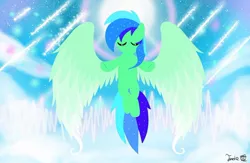 Size: 960x625 | Tagged: safe, artist:jadebreeze115, derpibooru import, oc, oc:jade breeze, unofficial characters only, pegasus, pony, anime reference, audio spectrum, base used, bipedal, cloud, cloudy sky, colored wings, eyes closed, flying, gradient wings, image, jpeg, majestic, male, pegasus oc, shooting star, silhouette, sky, solo, spread wings, stallion, sun, wings