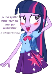 Size: 9282x13159 | Tagged: safe, artist:alandssparkle, derpibooru import, twilight sparkle, twilight sparkle (alicorn), alicorn, equestria girls, equestria girls (movie), arm behind head, backpack, blushing, bronybait, clothes, cute, cutie mark, cutie mark on clothes, dialogue, female, image, pleated skirt, png, simple background, skirt, solo, talking to viewer, transparent background, twiabetes, vector