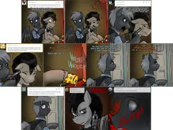 Size: 3006x2254 | Tagged: grimdark, artist:jitterbugjive, derpibooru import, doctor whooves, star hunter, time turner, ponified, pegasus, pony, ask discorded whooves, abuse, betrayal, blood, bowtie, comic, crossover, crying, dialogue, discord whooves, discorded, doctor who, doctorbuse, gun, gunpoint, gunshot, image, jack harkness, moral event horizon, png, race swap, shooting, shot, tardis, tardis console room, tardis control room, the doctor, threatening, vulgar, weapon, who needs trigger fingers
