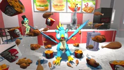 Size: 1280x720 | Tagged: safe, artist:horsesplease, derpibooru import, gallus, sandbar, bird, chicken, unicorn, 3d, carnivore, chicken meat, euphoria, food, fried chicken, gallus the rooster, gmod, happy, heaven, image, jpeg, kfc, meat, stupid, vulgar description, wat