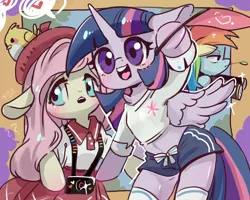 Size: 4000x3200 | Tagged: safe, artist:amo, derpibooru import, fluttershy, rainbow dash, twilight sparkle, twilight sparkle (alicorn), alicorn, bird, pegasus, pony, semi-anthro, binoculars, blushing, camera, clothes, female, high res, image, jpeg, mare, smiling