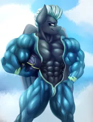Size: 2600x3400 | Tagged: suggestive, artist:rizzyofen, derpibooru import, thunderlane, anthro, pegasus, pony, abs, biceps, bodybuilder, clothes, crotch bulge, fetish, image, jumpsuit, male, muscle fetish, muscles, muscular male, muscular stallion, partial nudity, pecs, png, smug, solo, solo male, stallion, suit, uniform, wonderbolts uniform