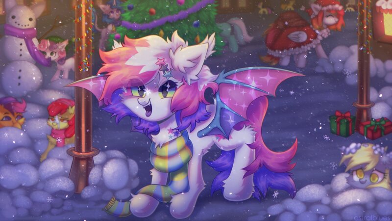 Size: 1920x1080 | Tagged: safe, artist:astralblues, derpibooru import, apple bloom, derpy hooves, scootaloo, sweetie belle, oc, bat pony, earth pony, pegasus, pony, unicorn, chest fluff, christmas, christmas lights, christmas tree, clothes, cute, cutealoo, ear fluff, garland, holiday, hoof fluff, image, jpeg, lamppost, leg fluff, new year, present, scarf, snow, snowball fight, snowfall, tongue out, tree