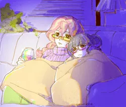 Size: 1721x1458 | Tagged: safe, artist:5mmumm5, derpibooru import, sci-twi, sunset shimmer, twilight sparkle, equestria girls, blanket, couch, cuddling, cute, female, glasses, houseplant, image, jpeg, lesbian, scitwishimmer, shipping, sunsetsparkle