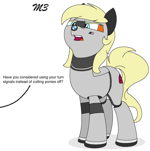 Size: 965x971 | Tagged: safe, artist:ethanchang, derpibooru import, ponified, original species, pony, 1st awesome platoon, bmw, bmw m3, car pony, dialogue, female, image, mare, offscreen character, png, solo