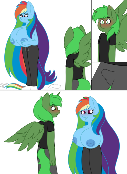 Size: 2782x3829 | Tagged: questionable, artist:midnightamber, derpibooru import, rainbow dash, oc, oc:green thunder, alicorn, anthro, pegasus, plantigrade anthro, alicorn oc, big breasts, blushing, bra, breast expansion, breasts, busty rainbow dash, canon x oc, clothes, clothes on floor, comic, commission, crotch bulge, erection, grope, growth, horn, huge breasts, image, impossibly large breasts, long hair, never doubt blaa6 involvement, nipples, nudity, partial nudity, penis, png, shirt, simple background, spread wings, topless, transparent background, underwear, wingboner, wings