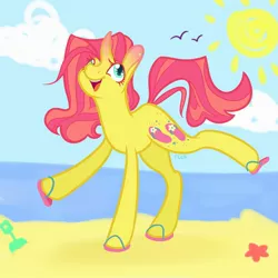 Size: 2000x2000 | Tagged: safe, alternate version, artist:riceflowers_art, derpibooru import, flippity flop, pony, unicorn, beach, cherry, food, happy, image, jpeg, sandals, smiling, solo