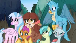 Size: 681x387 | Tagged: safe, artist:i.likenumbers123, derpibooru import, gallus, ocellus, sandbar, silverstream, smolder, yona, changedling, changeling, dragon, earth pony, gryphon, hippogriff, pony, yak, non-compete clause, female, floppy ears, frown, image, jpeg, lidded eyes, male, ocellus is not amused, outdoors, raised eyebrow, scene interpretation, smolder is not amused, student six, unamused, yona is not amused