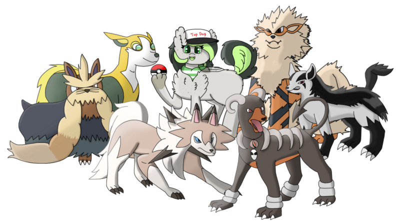 Size: 887x495 | Tagged: safe, artist:solarheclipse, derpibooru import, oc, oc:bree jetpaw, arcanine, houndoom, hyena, mightyena, stoutland, boltund, crossover, hat, image, lycanroc midday, png, pokémon, simple background, transparent background