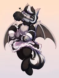 Size: 2000x2624 | Tagged: safe, artist:peachmayflower, derpibooru import, oc, oc:oldi filmes, oc:oldis filmes, unofficial characters only, bat pony, pony, bowtie, chest fluff, clothes, commission, cute, duster, female, image, jpeg, maid, mare, mouth hold, one eye closed, socks, solo, stockings, thigh highs, wink