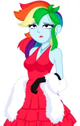 Size: 890x1401 | Tagged: safe, artist:rosemile mulberry, derpibooru import, rainbow dash, equestria girls, alternate hairstyle, breasts, cleavage, clothes, dress, ear piercing, earring, evening gloves, eyeshadow, feather boa, female, gloves, image, jewelry, lipstick, long gloves, makeup, necklace, not amused face, piercing, png, rainbow dash always dresses in style, rainbow dash is not amused, red dress, red lipstick, simple background, sleeveless, solo, unamused