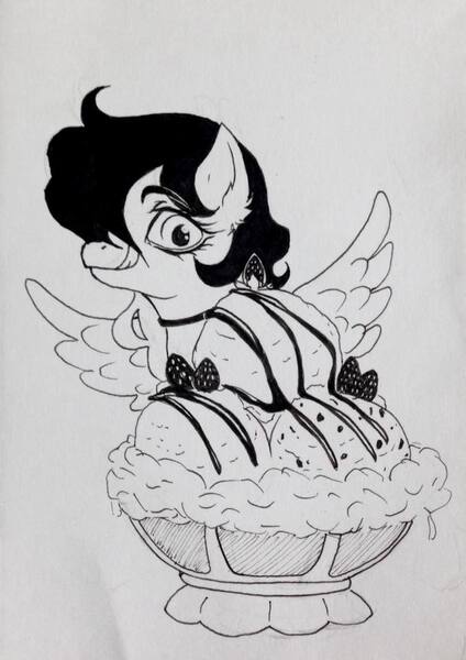 Size: 678x960 | Tagged: safe, artist:anabarana, derpibooru import, oc, unofficial characters only, pegasus, pony, bust, eyelashes, eyes on the prize, female, food, ice cream, image, inktober 2017, jpeg, licking, licking lips, mare, monochrome, pegasus oc, smiling, solo, spread wings, tongue out, wings