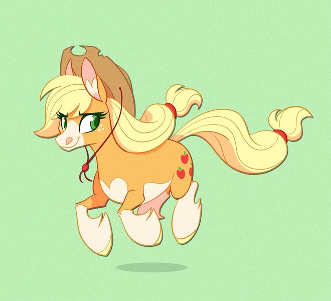 Size: 1300x1182 | Tagged: safe, artist:probablyfakeblonde, derpibooru import, part of a set, applejack, earth pony, pony, alternate design, colored pupils, cowboy hat, ear fluff, female, green background, hat, image, jpeg, looking back, mare, simple background, smiling, socks (coat marking), solo, unshorn fetlocks