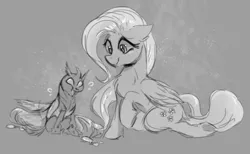 Size: 767x473 | Tagged: safe, artist:zigragirl, derpibooru import, fluttershy, changeling, nymph, pegasus, pony, buggo, cute, cuteling, female, image, mare, monochrome, png, shyabetes, traditional art