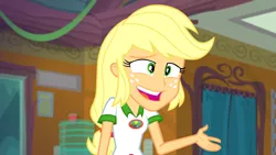 Size: 1920x1080 | Tagged: safe, derpibooru import, screencap, applejack, equestria girls, legend of everfree, legend of everfree - bloopers, awkward moment, image, png, solo