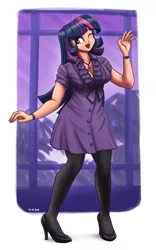 Size: 1500x2400 | Tagged: safe, artist:king-kakapo, derpibooru import, twilight sparkle, human, bracelet, clothes, humanized, image, jewelry, necklace, one eye closed, png, shoes, socks, solo, stockings, thigh highs