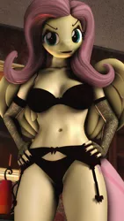 Size: 1440x2560 | Tagged: suggestive, artist:artempredator, derpibooru import, fluttershy, anthro, 3d, bra, breasts, busty fluttershy, clothes, female, garter belt, image, jpeg, panties, solo, solo female, underwear