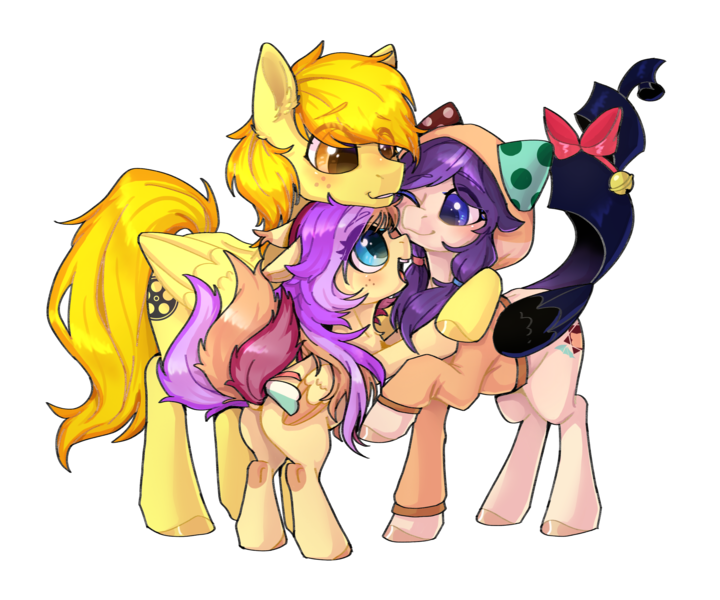 Size: 3000x2500 | Tagged: safe, artist:peace anya, derpibooru import, oc, oc:firefly, oc:lithewind plum, oc:uplifting tamira, unofficial characters only, pegasus, pony, derpibooru community collaboration, 2021 community collab, butt, clothes, cute, family, female, filly, freckles, hoodie, image, male, mare, ocbetes, plot, png, ribbon, simple background, stallion, transparent background, trio