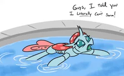 Size: 758x468 | Tagged: safe, artist:jargon scott, derpibooru import, ocellus, changedling, changeling, adorable distress, bugs doing bug things, cute, dialogue, female, floating, frown, image, open mouth, png, simple background, solo, swimming pool, text, water, water strider, white background