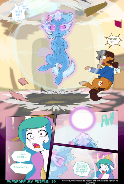 Size: 5232x7787 | Tagged: safe, artist:jeremy3, derpibooru import, princess celestia, trixie, oc, oc:miss becky, alicorn, pony, unicorn, comic:everfree, comic:everfree my friend, absurd resolution, cast, comic, female, filly, filly trixie, image, jewelry, jpeg, open mouth, regalia, younger