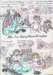 Size: 2064x2904 | Tagged: safe, artist:grimmyweirdy, derpibooru import, oc, oc:corro, oc:grim w. stripes, oc:mivera, dragon, pony, zebra, comic:grims weird adventures, alcohol, barrel, belly, big belly, chubby, comic, doctor, drinking contest, drunk, fat, image, jpeg, laughing, mug, needle, story included, table, tavern, zebra oc