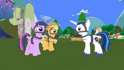 Size: 1176x664 | Tagged: safe, artist:brightstar40k, derpibooru import, applejack, shining armor, twilight sparkle, earth pony, pony, unicorn, 3d, bound together, bridle, collar, gag, gmod, harness, image, jpeg, muzzle gag, tack, unicorn twilight