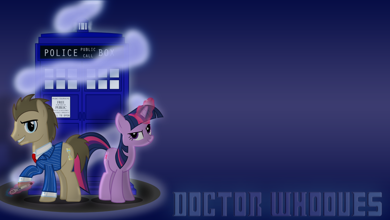 Size: 1360x768 | Tagged: safe, artist:flamingo1986, artist:guandi97, artist:rt18, derpibooru import, doctor whooves, time turner, twilight sparkle, earth pony, pony, unicorn, clothes, doctor who, doctor whooves adventures, duo, female, image, magic, male, mare, necktie, png, simple background, sonic screwdriver, stallion, suit, tardis, telekinesis, the doctor, unicorn twilight