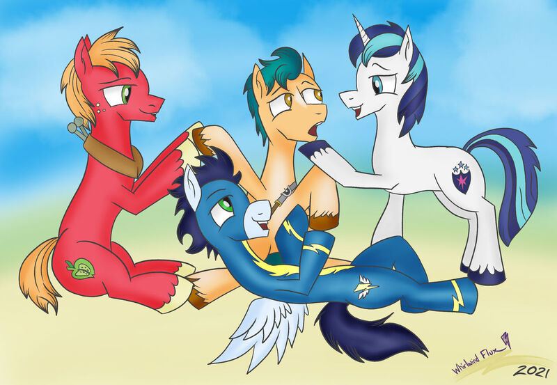 Size: 1280x885 | Tagged: safe, artist:whirlwindflux, derpibooru import, big macintosh, hitch trailblazer, shining armor, soarin', earth pony, pegasus, pony, unicorn, g5, image, jpeg, male, stallion