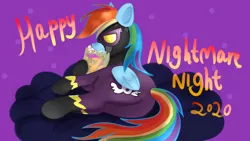 Size: 1280x720 | Tagged: safe, artist:jbond, derpibooru import, rainbow dash, pegasus, pony, candy, candy bag, clothes, cloud, costume, eating, female, food, halloween, holiday, image, nightmare night, png, postcard, shadowbolt dash, shadowbolts costume, solo, text