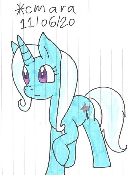 Size: 749x999 | Tagged: safe, artist:cmara, derpibooru import, trixie, pony, unicorn, female, image, jpeg, mare, raised hoof, simple background, solo, traditional art, white background